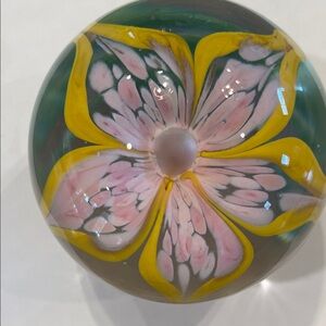 Pink & Yellow Floral Glass Art Paperweight